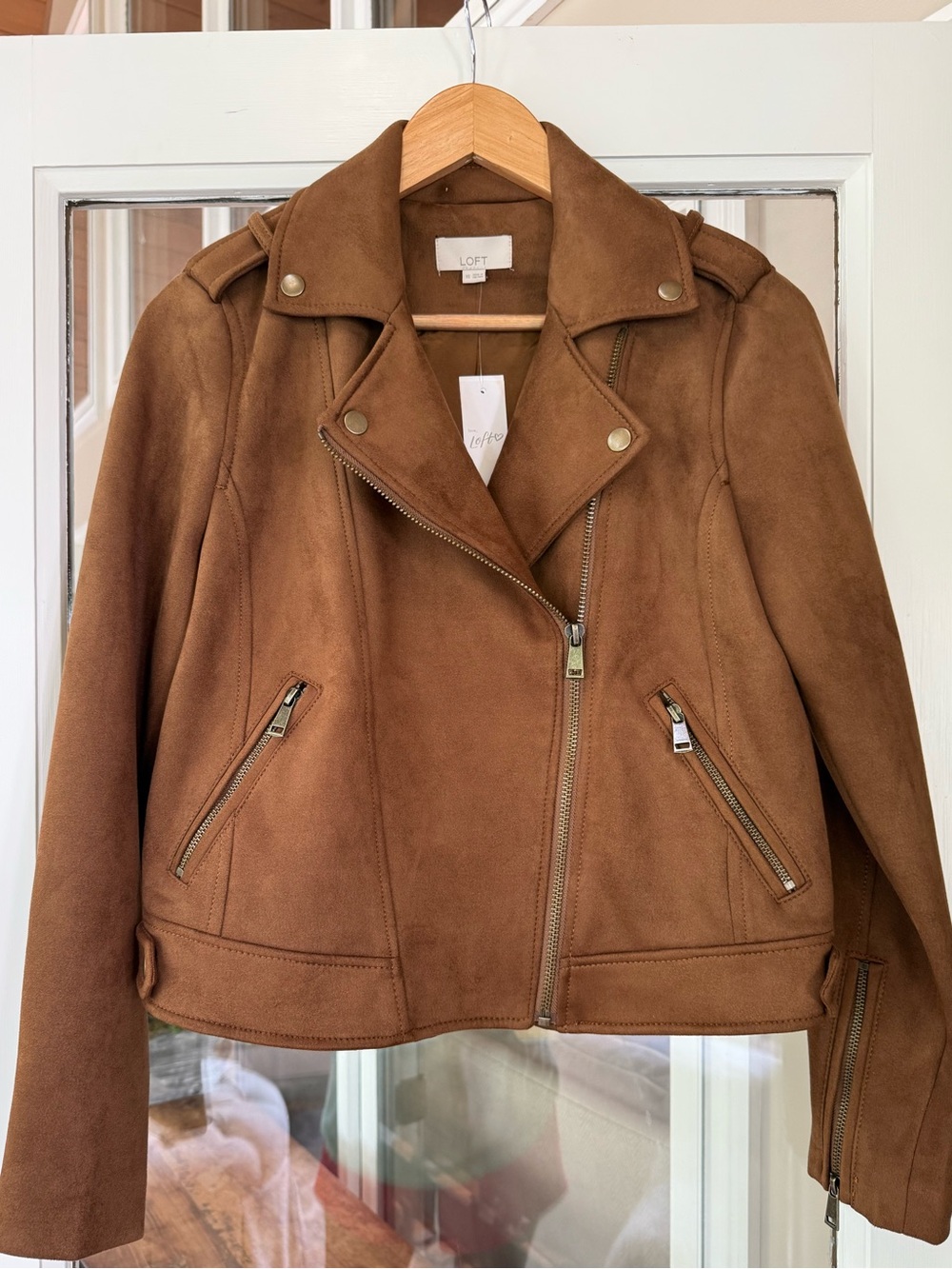 LOFT NWT Camel Brown Faux Suede Motorcycle Jacket. XS, but runs big. Smoke Free! - Picture 4 of 7